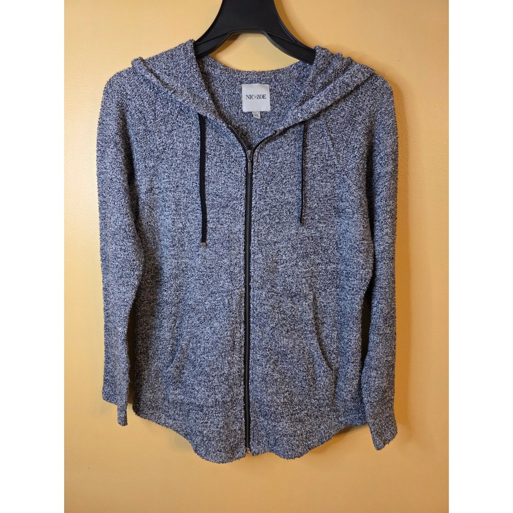 NIC+ZOE Womens Petite PP Blue Marled Knit Full Zip Hoodie Sweater Jacket